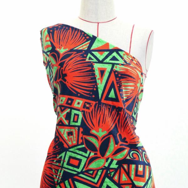 ハワイアン生地 カヒコ＆レフア柄 コシボ・シャンタン・ストレッチベロア選べる生地 レッド×ターコイズ...