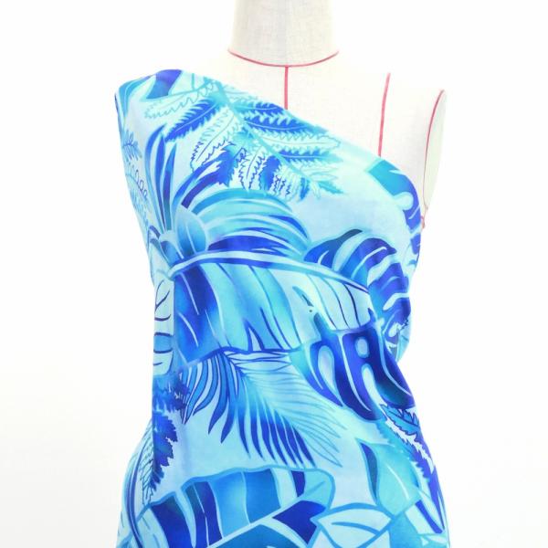 ハワイアン生地 ハワイアンリーフ柄 コシボ・シャンタン・ストレッチベロア選べる生地 ライトブルー K...