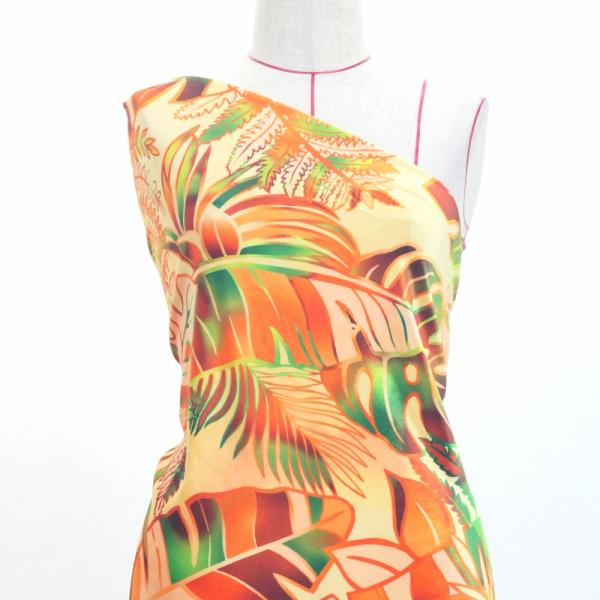 ハワイアン生地 ハワイアンリーフ柄 コシボ・シャンタン・ストレッチベロア選べる生地 オレンジ KH-...