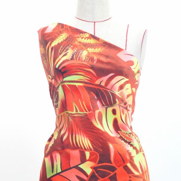 ハワイアン生地 ハワイアンリーフ柄 コシボ・シャンタン・ストレッチベロア選べる生地 レッド KH-6...