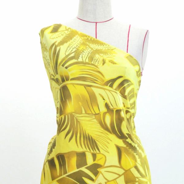 ハワイアン生地 ハワイアンリーフ柄 コシボ・シャンタン・ストレッチベロア選べる生地 イエロー KH-...