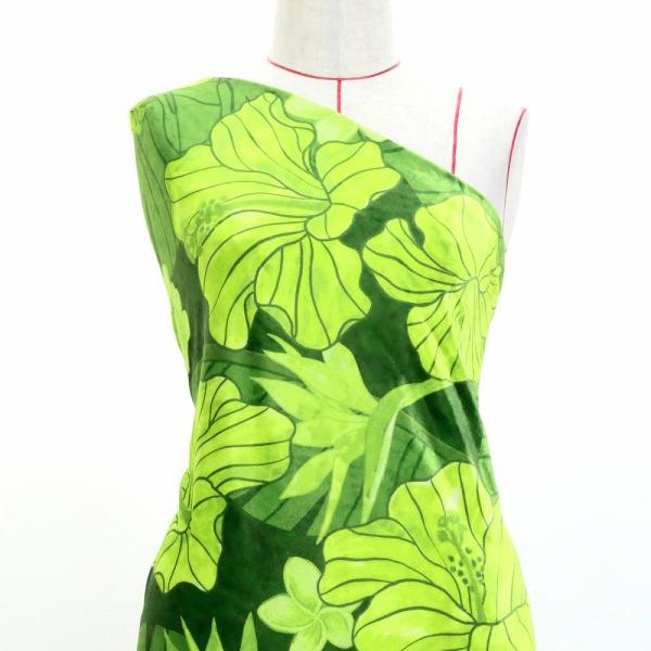 ハワイアン生地 ハイビスカス柄 コシボ・シャンタン・ストレッチベロア選べる生地 グリーン KH-68...