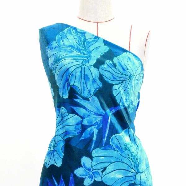 ハワイアン生地 ハイビスカス柄 コシボ・シャンタン・ストレッチベロア選べる生地 ライトブルー KH-...