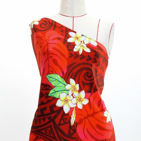 ハワイアン生地 カヒコ＆プルメリア柄 コシボ・シャンタン・ストレッチベロア選べる生地 ダークレッド ...