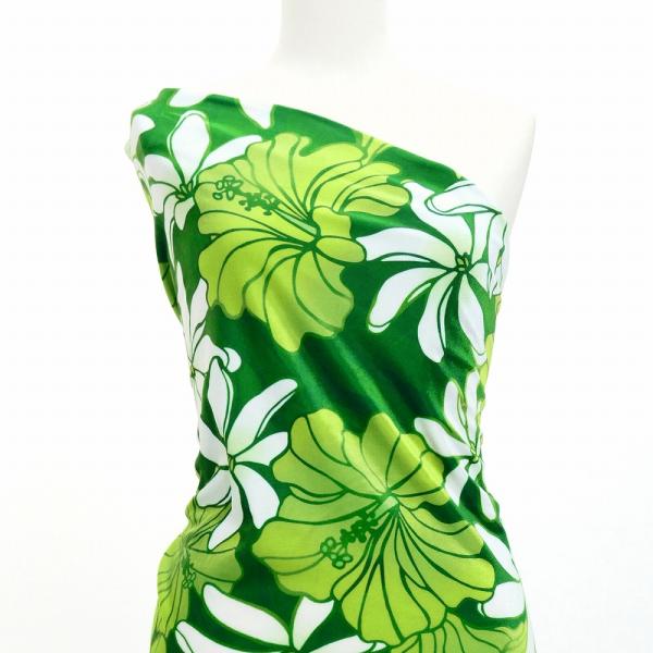 ハワイアン生地 ハイビスカス＆ティアレ柄 コシボ・シャンタン・ストレッチベロア選べる生地 グリーン ...