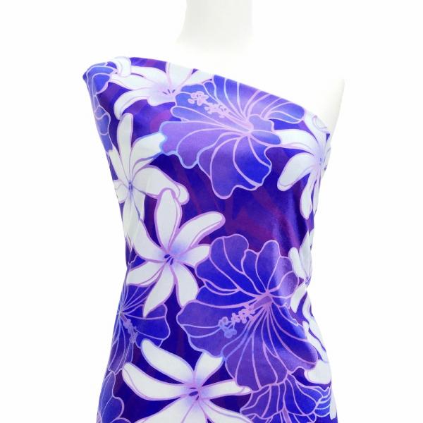 ハワイアン生地 ハイビスカス＆ティアレ柄 コシボ・シャンタン・ストレッチベロア選べる生地 パープル ...