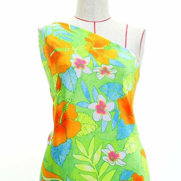 ハワイアン生地 ハイビスカス＆プルメリア柄 コシボ・シャンタン・ストレッチベロア選べる生地オレンジ ...