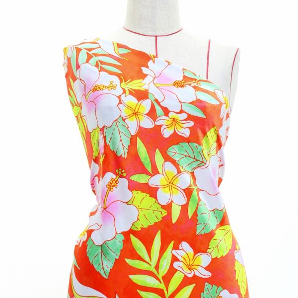 ハワイアン生地 ハイビスカス＆プルメリア柄 コシボ・シャンタン・ストレッチベロア選べる生地ピンク K...