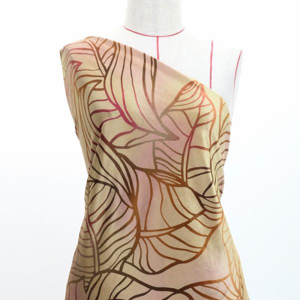 ハワイアン生地 バナナリーフ柄 コシボ・シャンタン・ストレッチベロア選べる生地ブラウン KH-692...