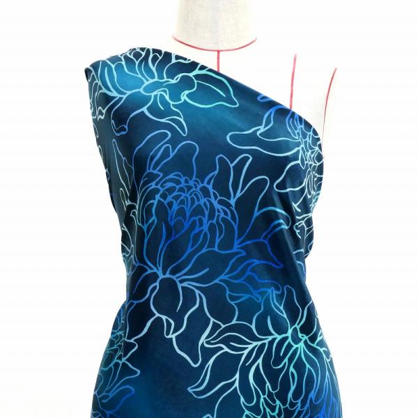 ハワイアン生地 プロテア柄 コシボ・シャンタン・ストレッチベロア選べる生地 ブルー KH-694-B...