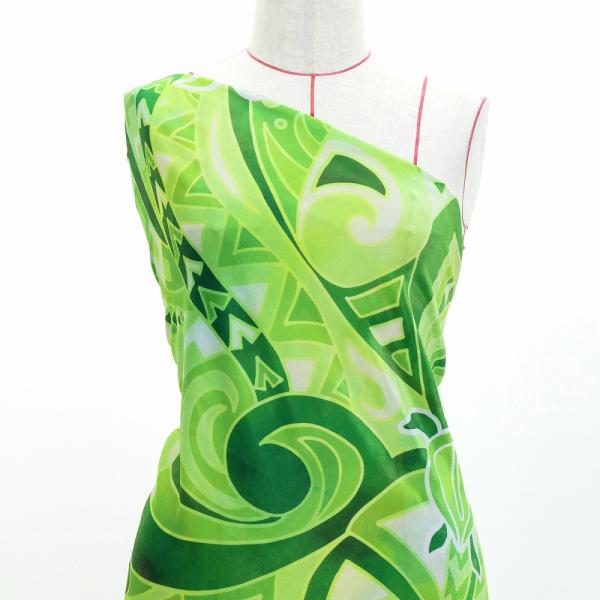 ハワイアン生地 ホヌ×カヒコ柄 コシボ・シャンタン・ストレッチベロア選べる生地 グリーン KH-69...