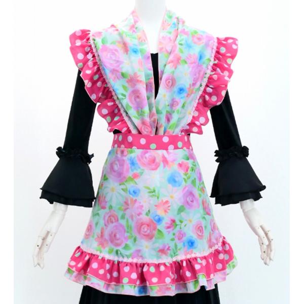 フラメンコ ピキージョ・エプロンセット 水彩風花柄 ライトブルー×ピンク PA-14