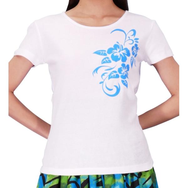 ストレッチ Tシャツ XL ブルー ハイビスカス ホワイト TC10blwXL