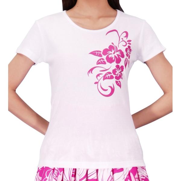 ストレッチ Tシャツ XL チェリーピンク ハイビスカス ホワイト TC10cpwXL