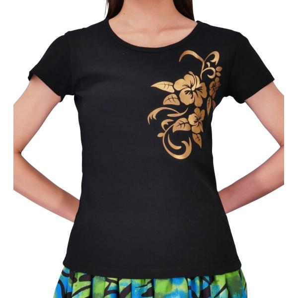 ストレッチ Tシャツ XL ゴールド ハイビスカス ブラック TC10gbXL