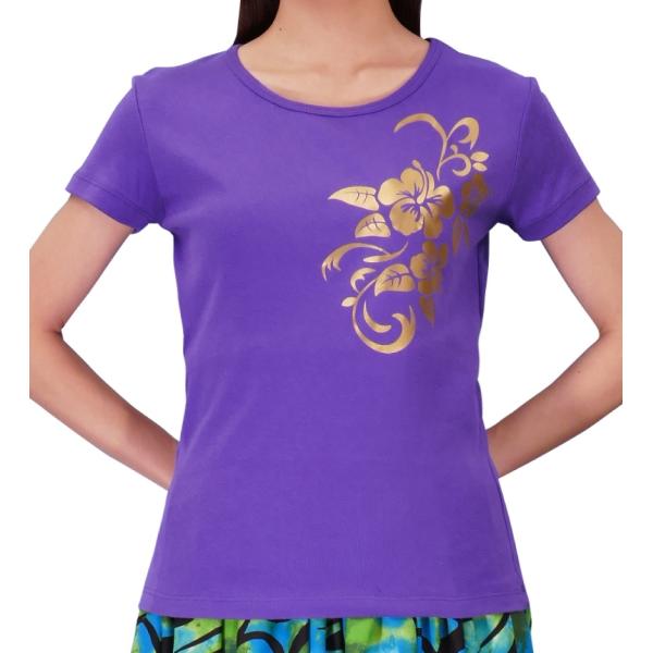 ストレッチ Tシャツ XL ゴールド ハイビスカス パープル TC10gpXL