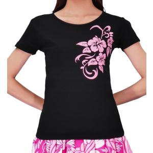 ストレッチ Tシャツ L ピンク ハイビスカス ブラック
