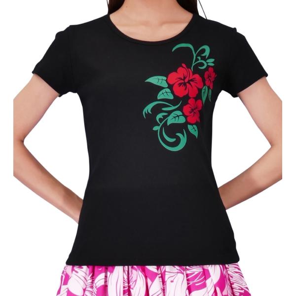 ストレッチ Tシャツ L レッド×グリーン ハイビスカス ブラック TC10rgrbL