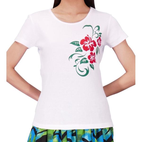 ストレッチ Tシャツ XL レッド×グリーン ハイビスカス ホワイト TC10rgrwXL