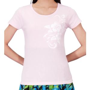 ストレッチ Tシャツ L ホワイト ハイビスカス ピンク TC10wpiL
