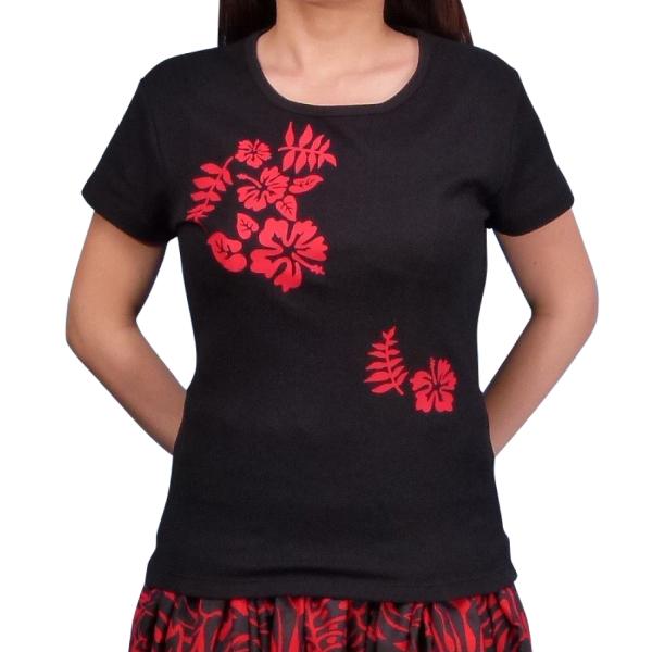 ストレッチ Tシャツ XL レッド ハイビスカス ブラック TC4rbXL