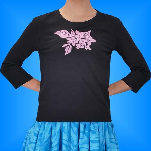 フラダンス ７分袖 Tシャツ S ピンク プルメリア ブラック TCZ3pibs