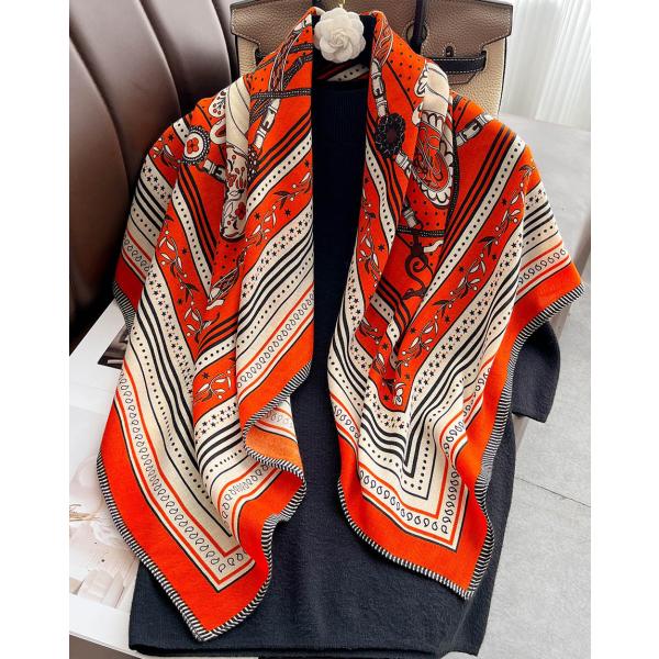 送料無料 男女兼用 大判正方形 ウールタッチ リバーシブル クラシック柄 スカーフ 　05536