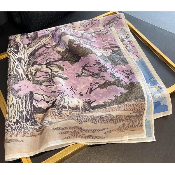 送料無料 男女兼用 大判正方形 シルクコットン混 ボタニカル 幾何学柄 スカーフ 　05548