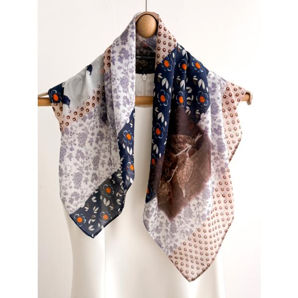 送料無料 男女兼用 大判正方形 シルクコットン混 ボタニカル・パッチワーク柄 スカーフ 　05552