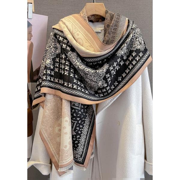 送料無料 【セール】やや厚手 リバーシブル大判 幾何学フラワー柄入りストール マフラー 　 2106