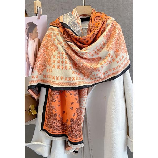 送料無料 【セール】やや厚手 リバーシブル大判 幾何学フラワー柄入りストール マフラー 　2106b