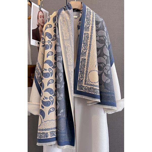 送料無料【セール】 やや厚手 リバーシブル大判 ペーズリーフラワー柄入りストール マフラー　　212...