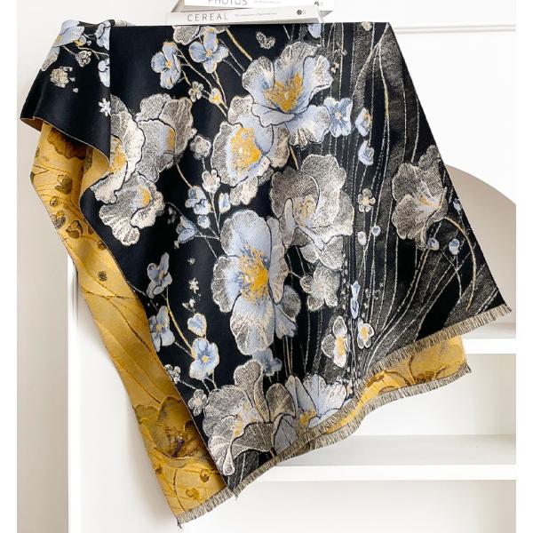 送料無料 やや厚手 リバーシブル大判 フラワー柄入りストール マフラー 　2181