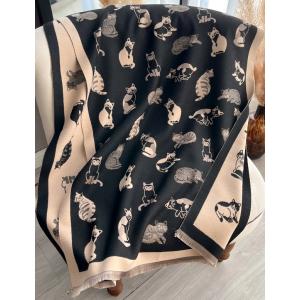 送料無料 【セール】やや厚手 リバーシブル大判 幾何学と猫柄入りストール マフラー 　2187a