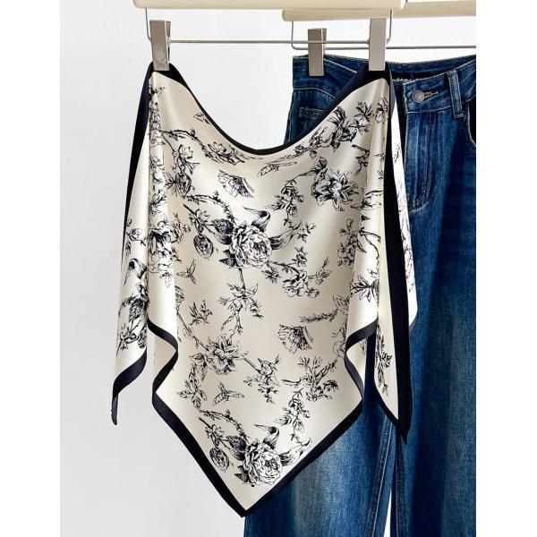 送料無料 男女兼用 三角形 シルクタッチ ボタニカル フラワー柄 スカーフ/ヘアリボン  8109b