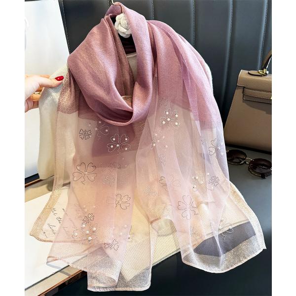送料無料 シースルー無地 フラワー パールビーズ付 大判ストール スカーフ 　90565a