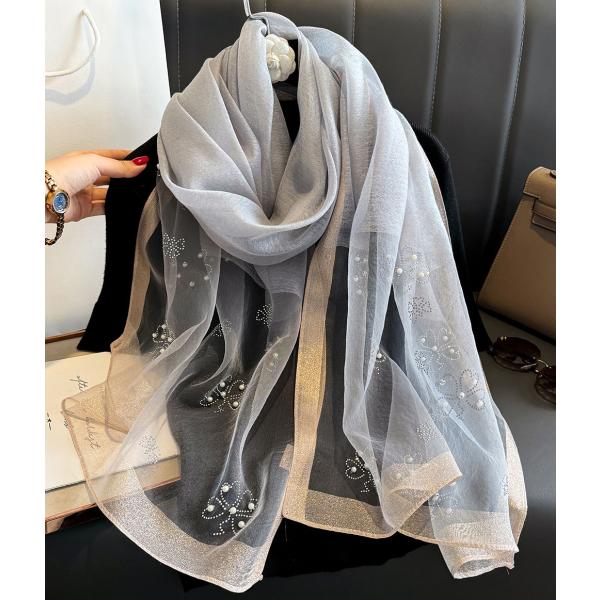送料無料 シースルー無地 フラワー パールビーズ付 大判ストール スカーフ 　90565c