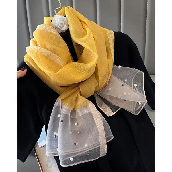 送料無料 シースルー無地 パールビーズ付 大判ストール スカーフ　90566l