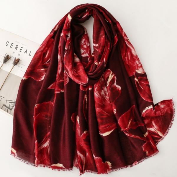 送料無料 男女兼用 大判薄型 金箔加工 フラワー柄 ストール スカーフ　90970c