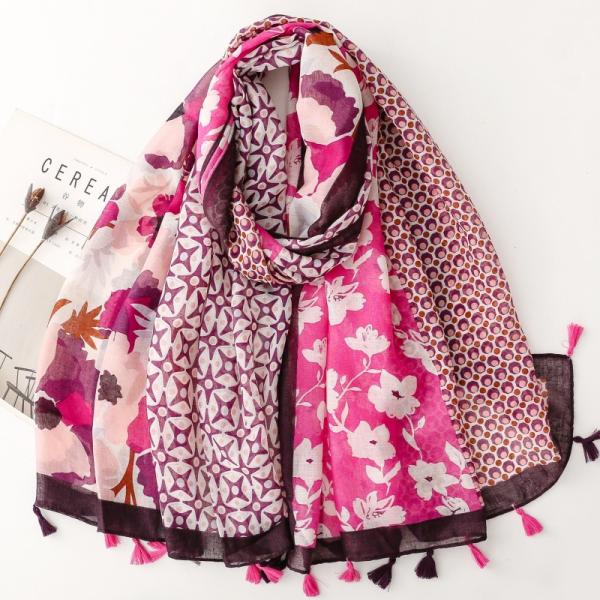 送料無料 男女兼用 大判薄型 タッセル付き 幾何学フラワー柄 ストール スカーフ　90980