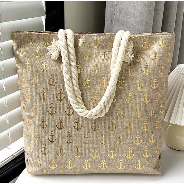 送料無料 金箔 錨柄 買い物肩掛けOK BIGキャンパスバッグ 鞄    ba0106b