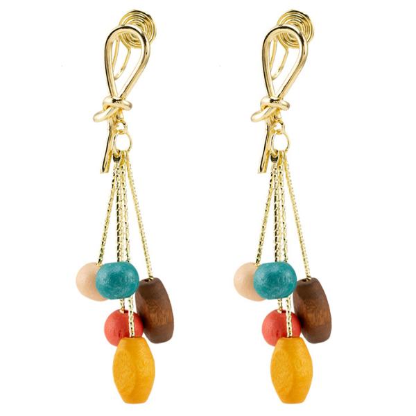 送料無料 レーディス ゆらゆら カラフル幾何学木製 ロングデザインイヤリング 　  e0189b