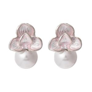 送料無料 レーディス エレガント ピンクフラワーとパール デザイン ピアス　 e077