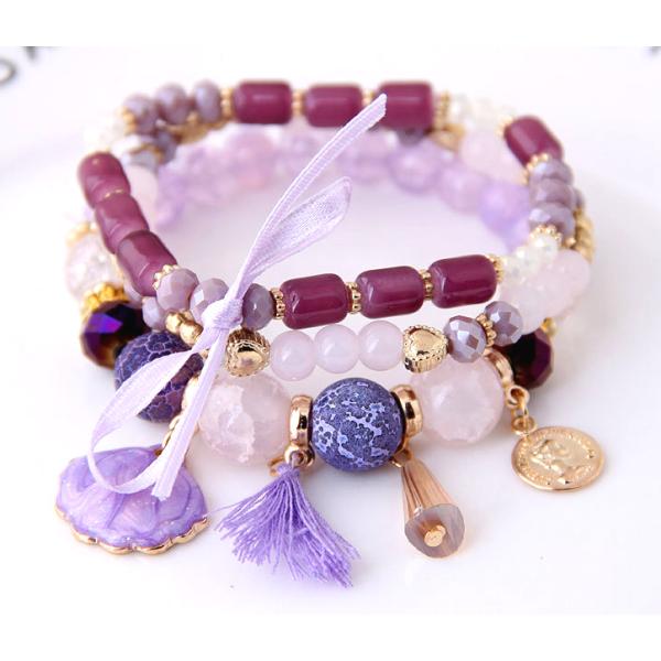 送料無料 レディース 3連ビーズ リボン シェル チャーム付き ブレスレット 腕輪   L0202b