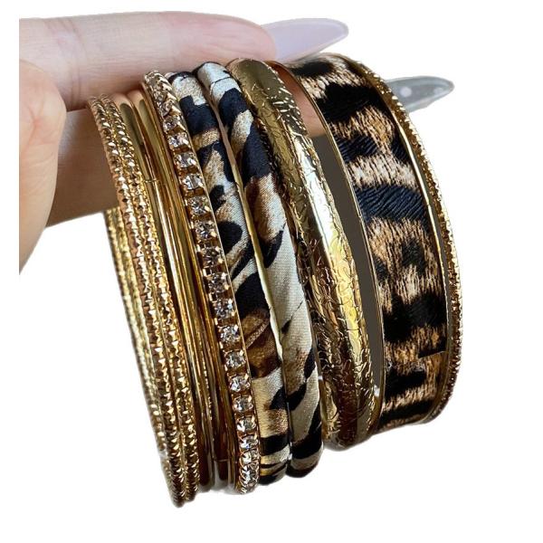 送料無料 豪華10点セット レオパード柄×ゴールド ワイドバングル / ヒョウ柄 ブレスレット 腕輪...