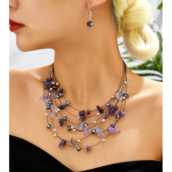 送料無料 ゴージャス 多重天然石 ビーズ ネックレス チョーカー　ピアスセット　x484d