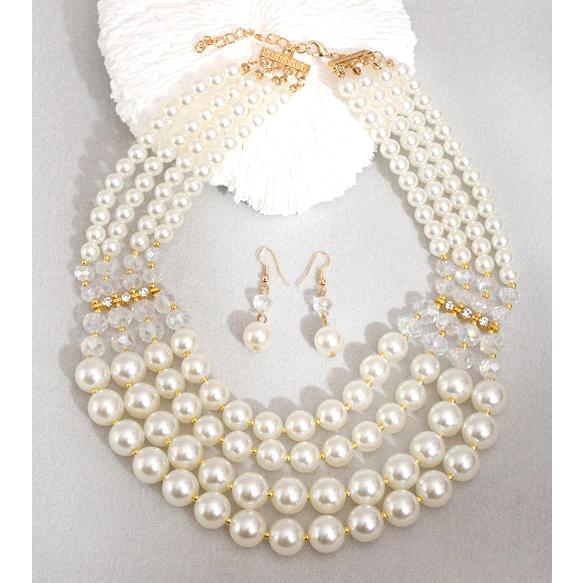 送料無料 ゴージャス 4連パールビーズ ネックレス チョーカー　ピアスセット　　x524