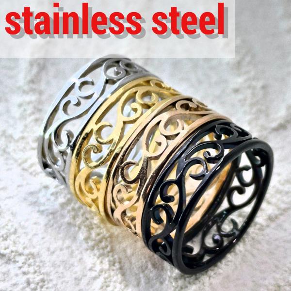 ペアリング(指輪2個) 4カラーから選択 透かしアラベスクデザイン サージカルステンレス 金属アレル...