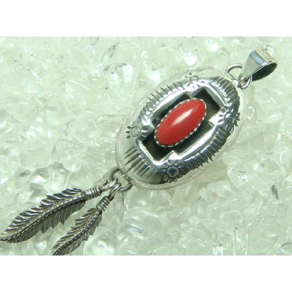 ネイティブ系ペンダントトップ　サンゴ＆Wフェザー　シルバー925