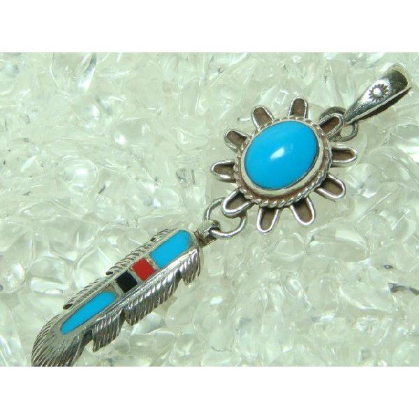 ネイティブ系ペンダントトップ　ターコイズ＆サンゴ＆オニキス　シルバー925